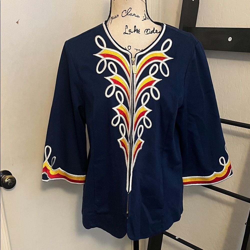 Vintage Bob Mackie Wearable Art Blue Embroidered Zip-Up Shirt Art To Wear Boho
